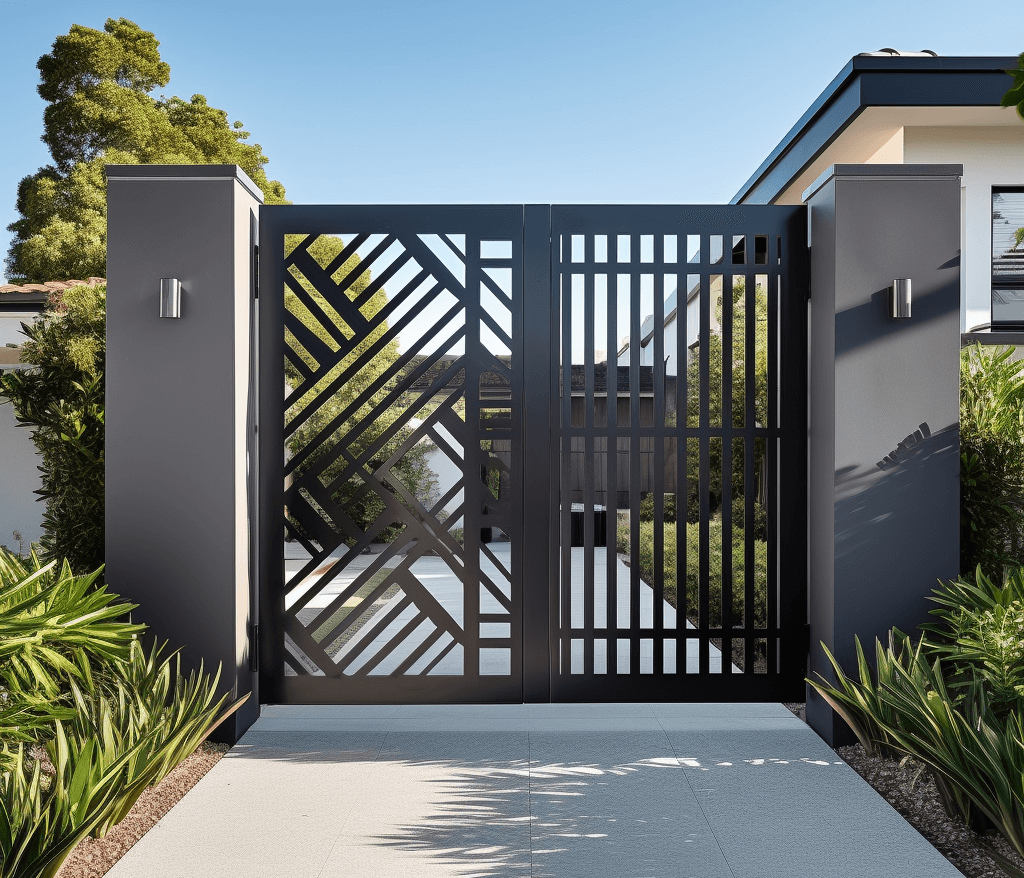 swing gate in black with slat and decorative art effect
