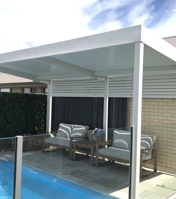 white insulated roof patio by a pool