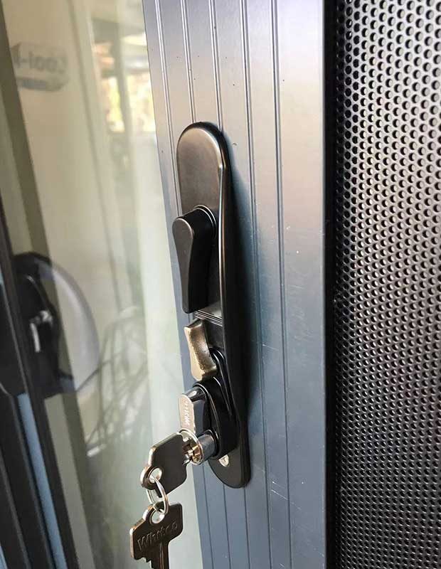 close up of security door lock